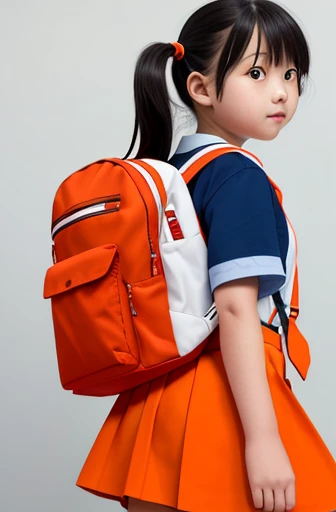 girl,Short twin tails,primary school student,Orange skirt,orange necktie,Red backpack type backpack,white background,whole body,Turn around