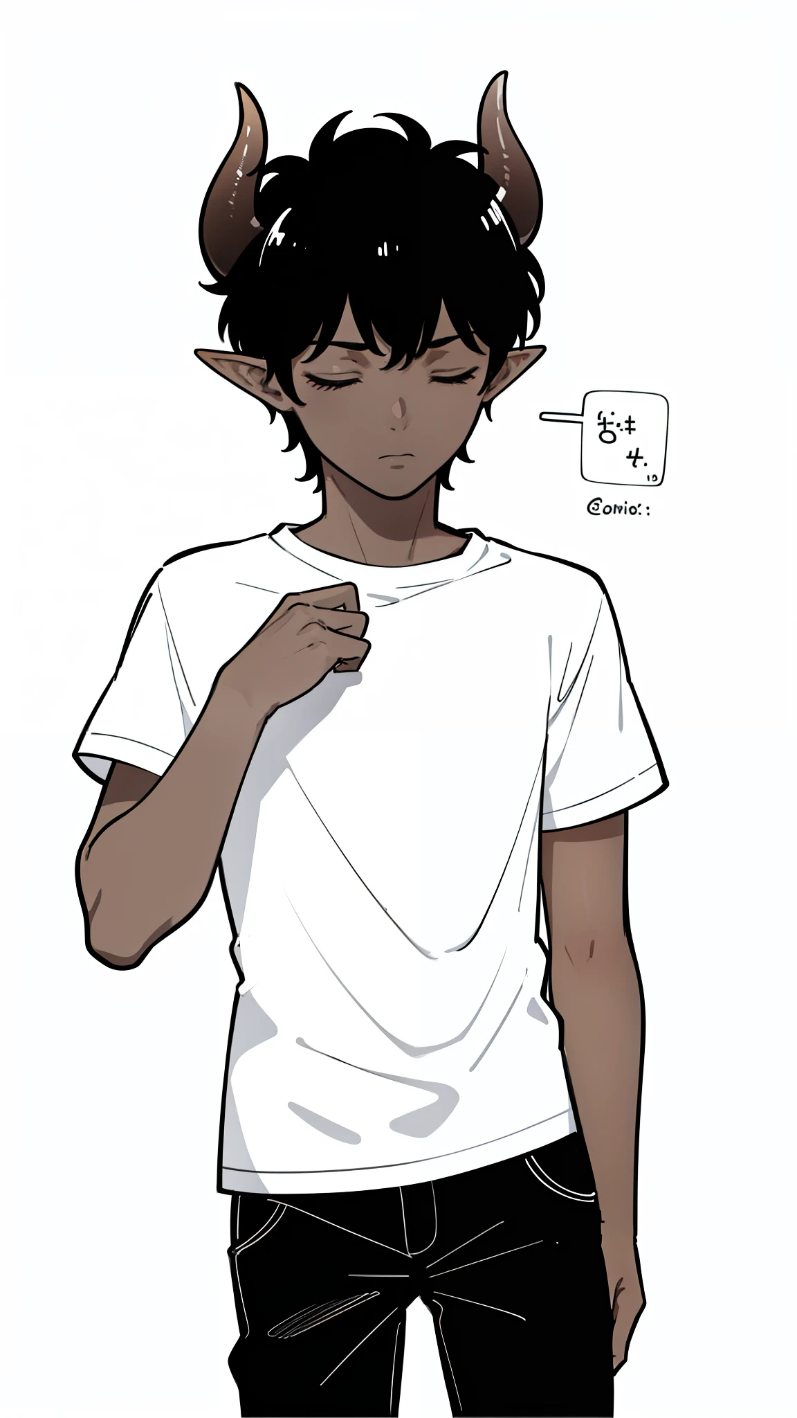 1boy,10 years,solo,sad face,closed eyes,((dark skin)),((white shirt,short sleeves,black shorts)),Short hair,black hair,elf ears,(horns),(white background,line drawing),cowboy shot