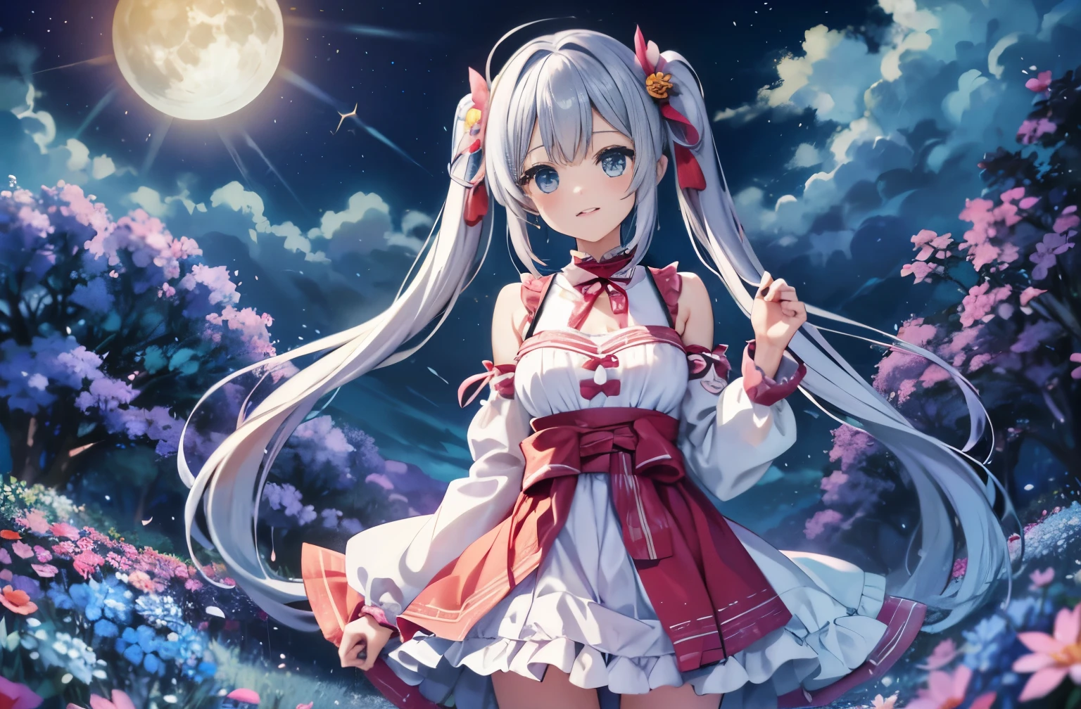Girl Standing In The Middle. adorable smile、
light blue long hair、The hairstyle is twin tails、
If the sea of flowers were as beautiful as a dream, Then the girl was the dream of all beautiful dreams.
sheの目はsheの歯と同じくらい輝いていました. she'At first glance it looks like a countryside、、、々There was a look of destruction in his eyes....... sheの肌は翡翠のように完璧だった, and soft like a flower. sheを妖精の化身と呼ぶのはsheにとって侮辱だろう...... she was a peerless beauty who could bend even flowers....., And the moon hides shyly.