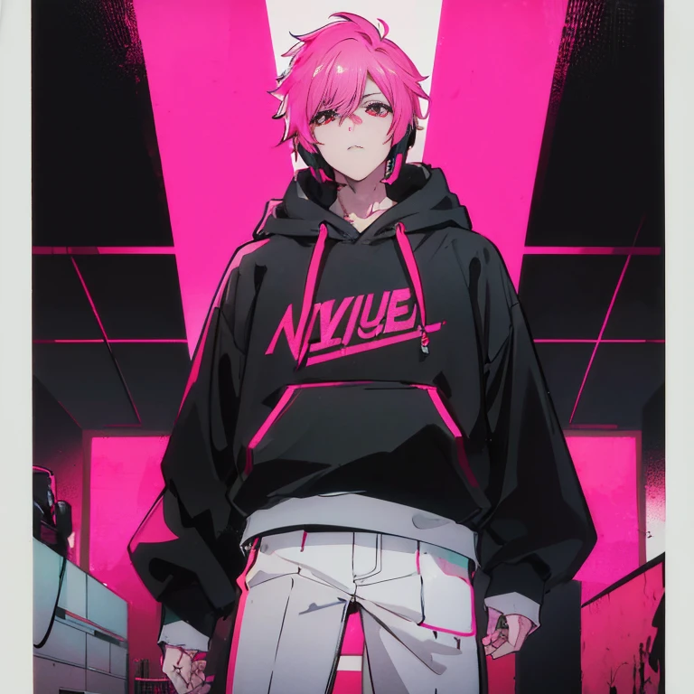 (top quality), (masterpiece), (Super detailed), (shortcut), (two block hair), (bright pink hair), (red eyes), (Man standing in a recording studio wearing headphones), (oversized hoodie), (Street style), (neon), (neonデイライト), (cinematic), (stylish), (High resolution), (hyper-detailed), (Nightcore), (a handsome guy), (Low - Angle), (looking at the camera), (visualize)