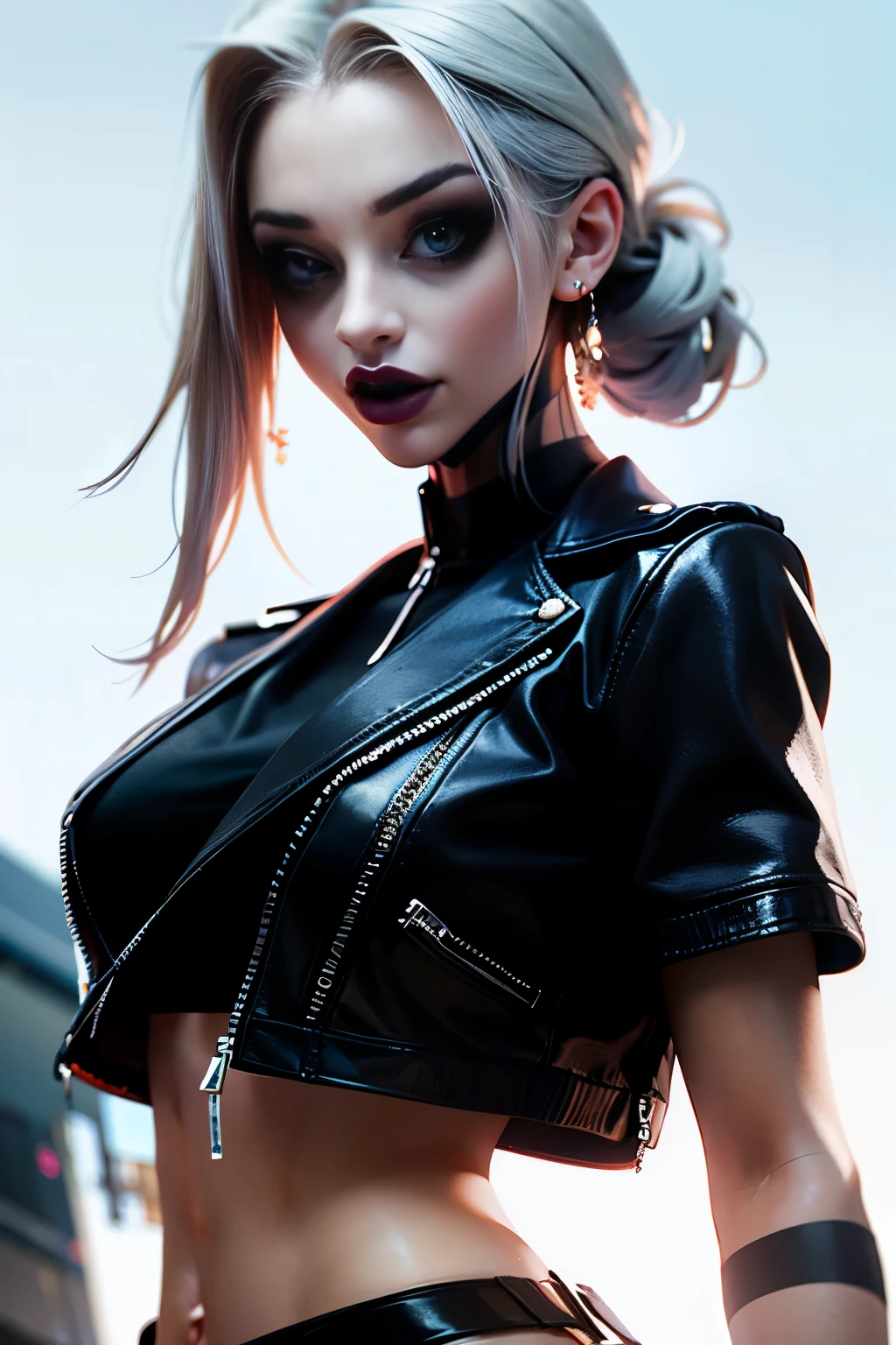 An ultra-realistic CG illustration of  katopunk as gothgirl waifu, solo, piercing gaze and bold makeup,  wearing a leather jacket with a crop top, and her hair is styled in a sleek updo.