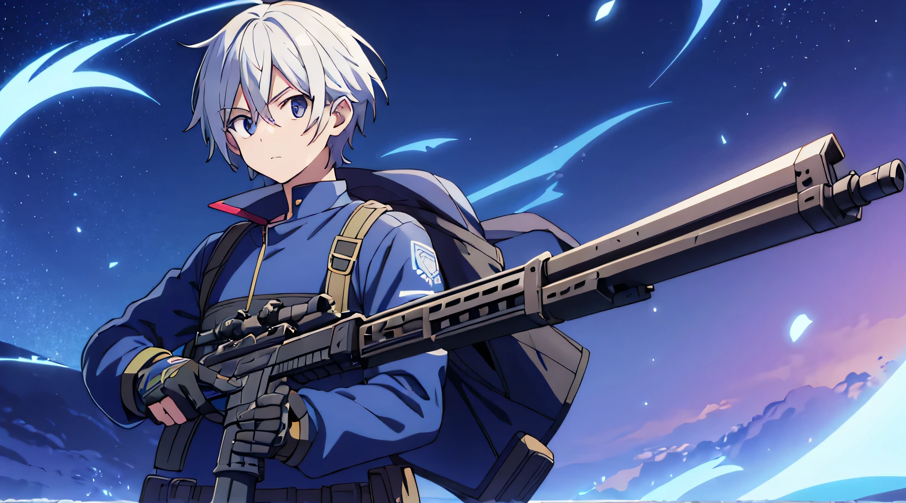 hombre con un rifle en la mano, estilo anime, en estilo anime
