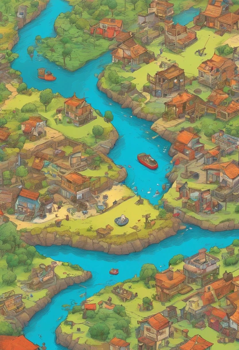 Tablero de juego con 33 casillas. Desde la salida (arriba) a river begins that becomes polluted with each square. super aerial view.