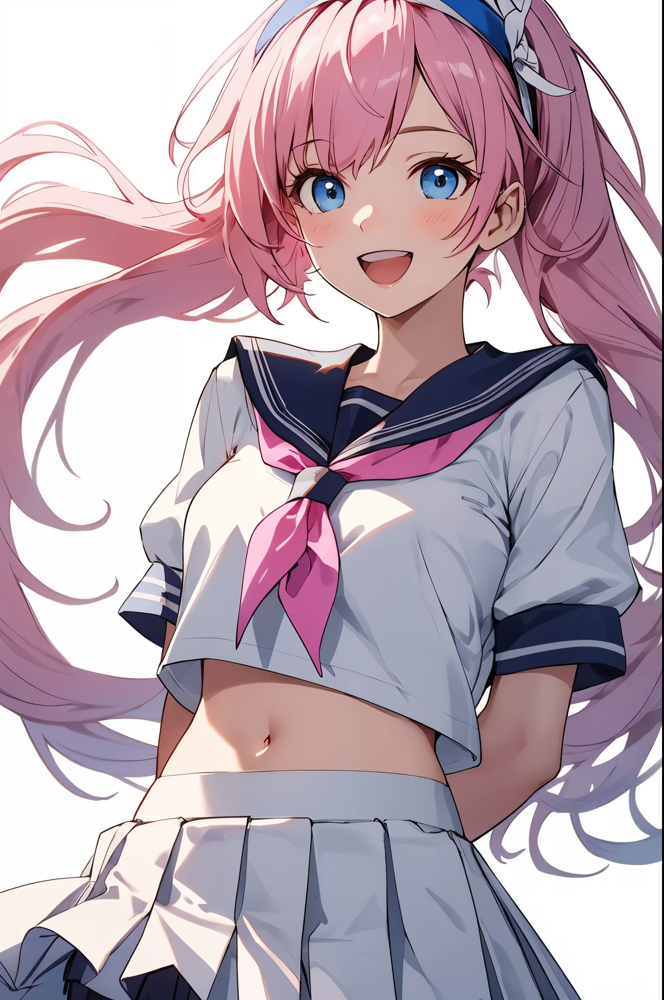 1girl,smile,honkai impact 3rd,hoyun,white serafuku,white shirt,stomach,elysia (honkai impact),skirt,white skirt,simple background,purple neckerchief,arms behind back,highres,midriff,1girl, d,cowboy shot,looking at viewer,honkai (series),solo,white hairband,neckerchief,puffy sleeves,shirt,white background,miniskirt,short sleeves,crop top,puffy short sleeves,pleated skirt,navel,commentary request,long hair,very long hair,hairband,school uniform,serafuku,standing,open mouth,blue eyes,pink hair,