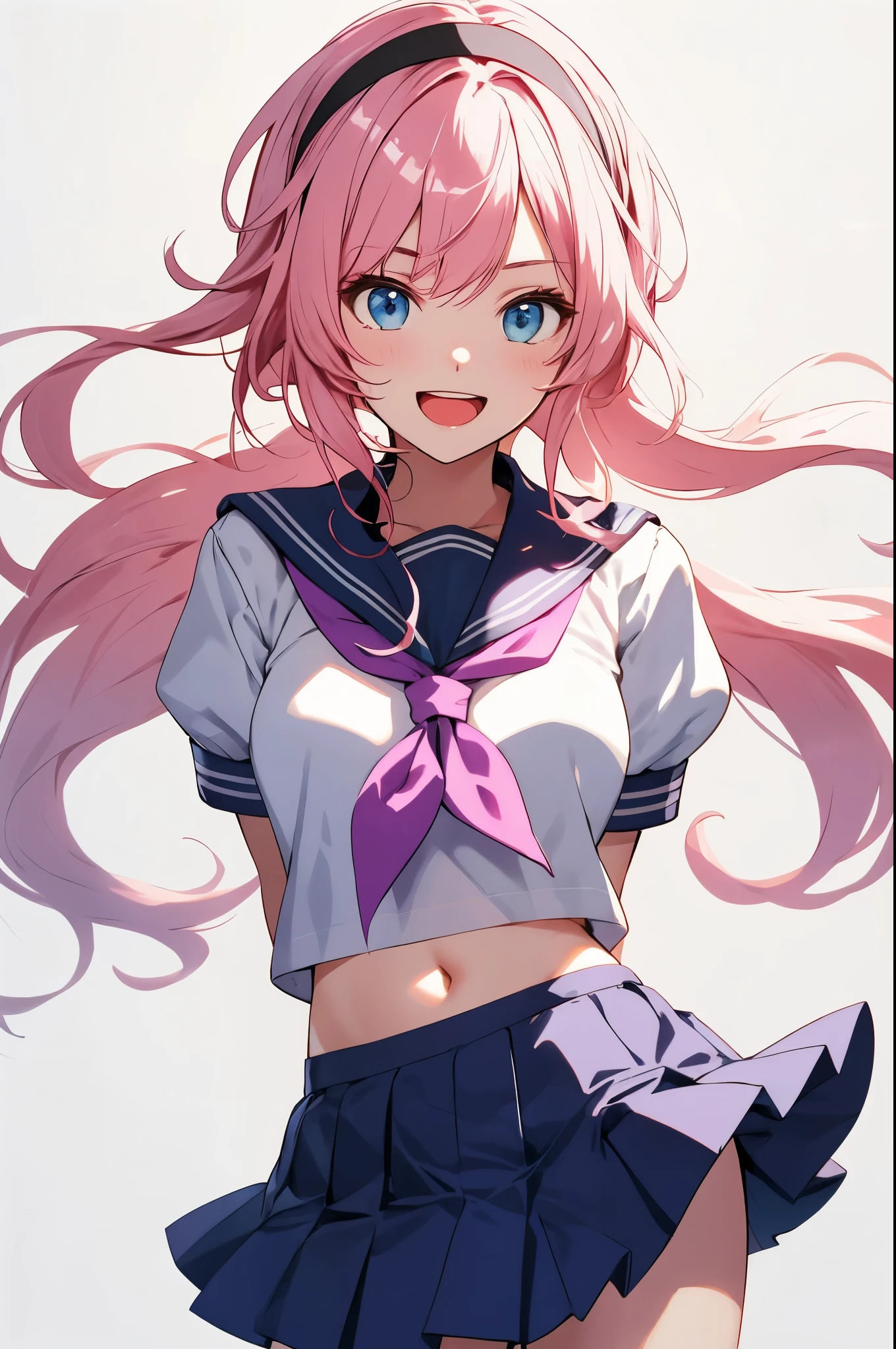 1girl,smile,honkai impact 3rd,hoyun,white serafuku,white shirt,stomach,elysia (honkai impact),skirt,white skirt,simple background,purple neckerchief,arms behind back,highres,midriff,1girl, d,cowboy shot,looking at viewer,honkai (series),solo,white hairband,neckerchief,puffy sleeves,shirt,white background,miniskirt,short sleeves,crop top,puffy short sleeves,pleated skirt,navel,commentary request,long hair,very long hair,hairband,school uniform,serafuku,standing,open mouth,blue eyes,pink hair,