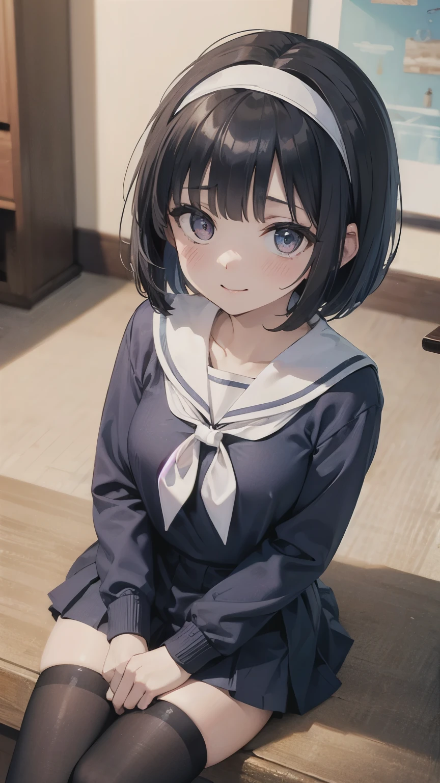 (masterpiece: 1.3), (highest quality:1.4), ultra high resolution, (fine eyes), (detailed facial features), (Detailed features of clothing), HDR, 8K resolution, High school girl in sailor suit, Anime 2D rendering, White headband, smile, black hair, bob cut, navy blue sailor uniform, black stockings, school scenery, small face, 