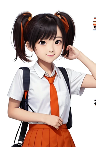 girl,whole body,short twin tails,,Orange skirt,orange necktie,carrying a red school bag on one&#39;s back,white background