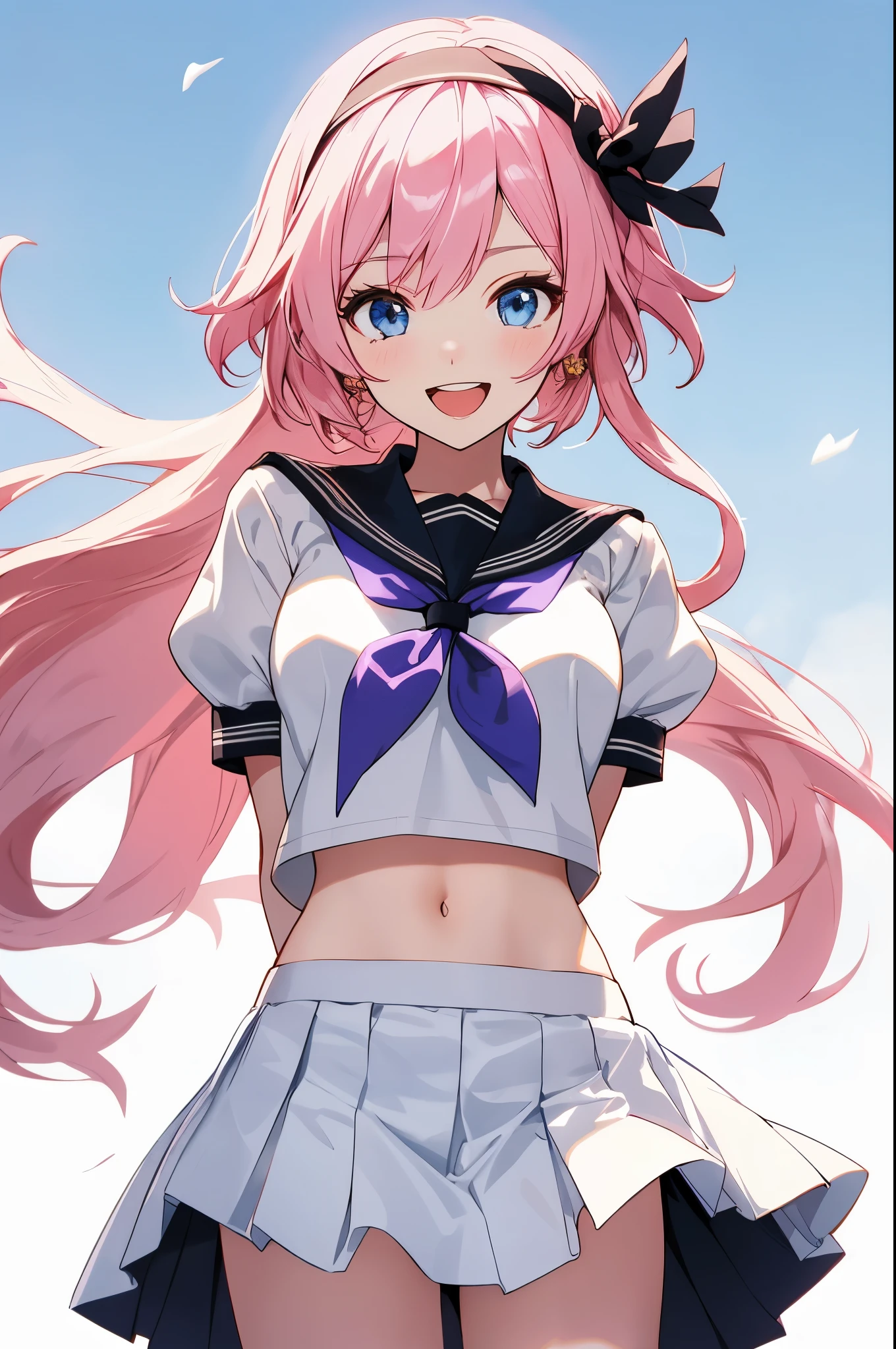 1girl,smile,honkai impact 3rd,hoyun,white serafuku,white shirt,stomach,elysia (honkai impact),skirt,white skirt,simple background,purple neckerchief,arms behind back,highres,midriff,1girl, d,cowboy shot,looking at viewer,honkai (series),solo,white hairband,neckerchief,puffy sleeves,shirt,white background,miniskirt,short sleeves,crop top,puffy short sleeves,pleated skirt,navel,commentary request,long hair,very long hair,hairband,school uniform,serafuku,standing,open mouth,blue eyes,pink hair,