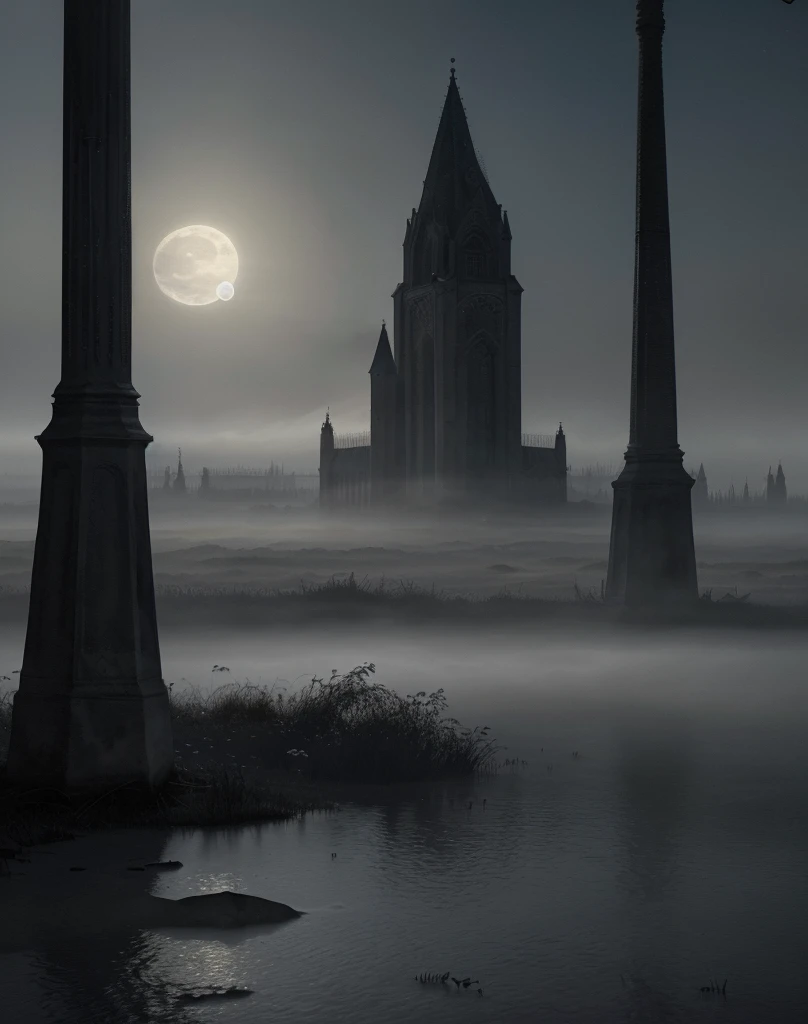 (best quality,4k,8k,highres,masterpiece:1.2),ultra-detailed,(realistic,photorealistic,photo-realistic:1.37),eerie place, dark, cold, faint moonlight, invisible danger,gothic architecture,fog