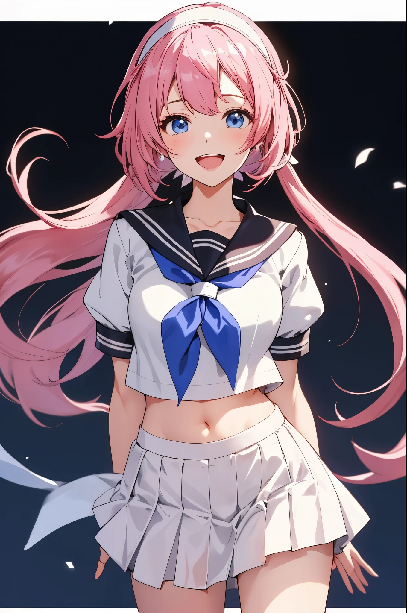 1girl,smile,honkai impact 3rd,hoyun,white serafuku,white shirt,stomach,elysia (honkai impact),skirt,white skirt,simple background,purple neckerchief,arms behind back,highres,midriff,1girl, d,cowboy shot,looking at viewer,honkai (series),solo,white hairband,neckerchief,puffy sleeves,shirt,white background,miniskirt,short sleeves,crop top,puffy short sleeves,pleated skirt,navel,commentary request,long hair,very long hair,hairband,school uniform,serafuku,standing,open mouth,blue eyes,pink hair,