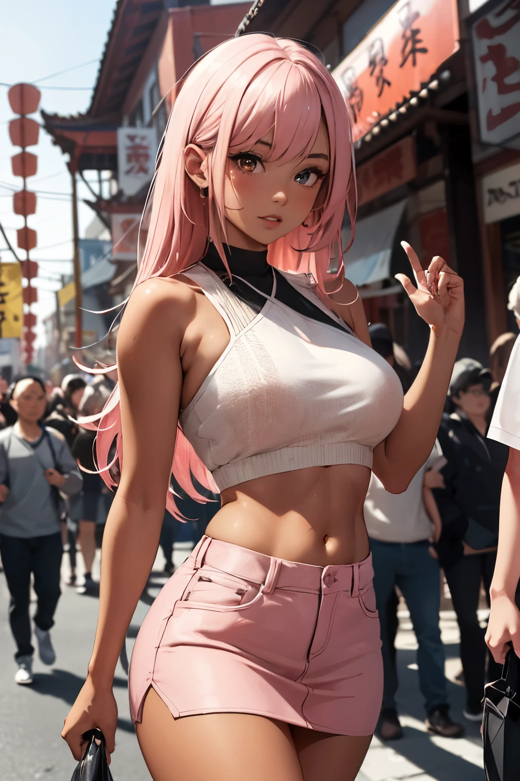 ((best quality)), ((masterpiece)), (detailed), perfect face, girl with very tanned skin, long pink hair, is standing in Chinatown in the middle of the crowd. The image depicts Chinatown in details of its unique architecture and atmosphere. The crowd around is blurred so the girl is highlighted. Sharp shades and vivid bright. thick outlines. the textures should be differentiated and very notable. the fabric of her clothing should be in realistic texture. She is wearing short top and a mini skirt. High resolution and extremely detailed.