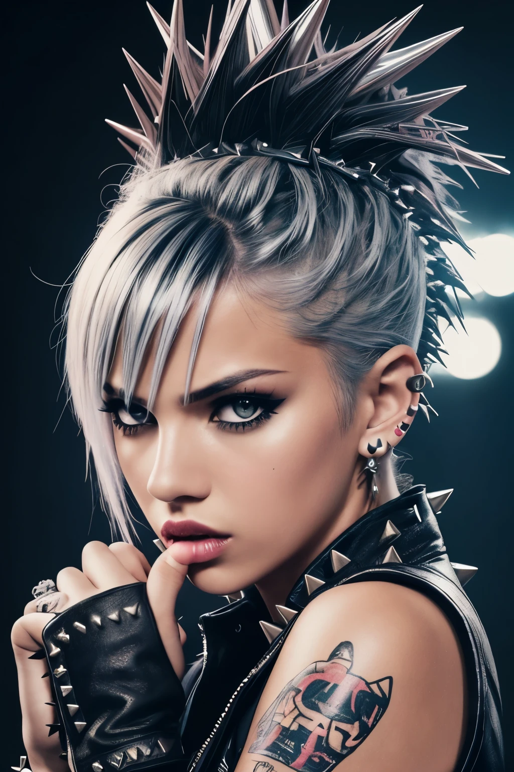 Masterpiece, a rebellious girlwith punk rock flair, ((Sia:Riot Grrl:0.5)), in leather clothing and spiked hair, (prominent spiked spikes:1.2), multiple piercings adorning her nose, lips, and ears, expressing a punk rock style, vivid neon colors, outside, (ultra high definition, 4K wallpaper), harsh contrast lighting, raw and edgy aesthetic, Cannon EOS-200D with a 24-70mm f/2.8 lens.
