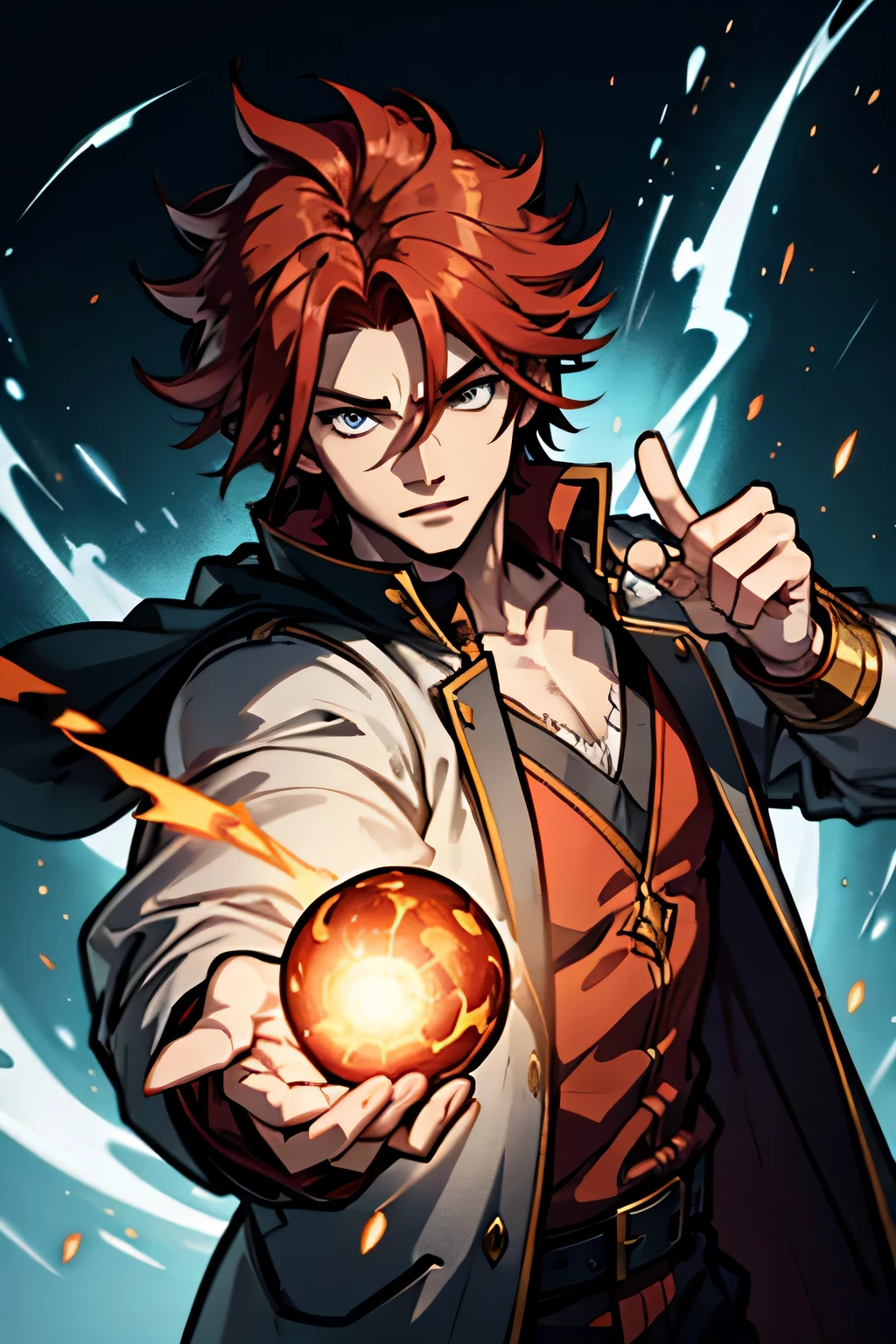 Male wizard with red hair casting a fireball spell