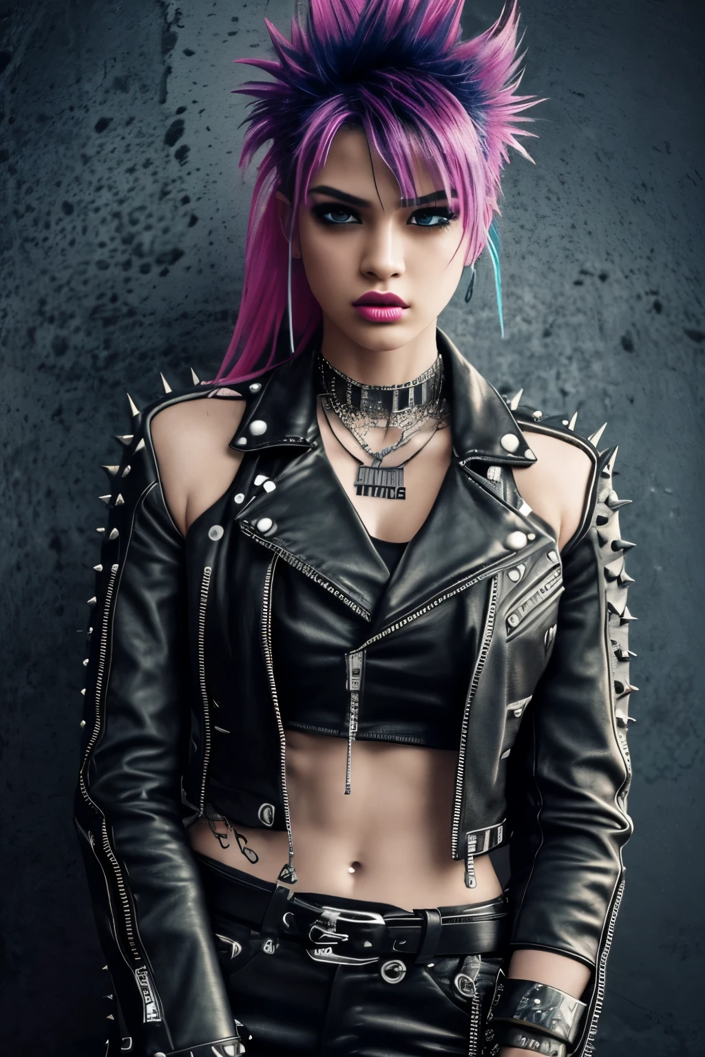 A rebellious and edgy girl with messy hairstyle, piercings, tattoos, silver studded nails, intricate designs, ear decorations, nose piercing, ripped jeans, leather jacket, band t-shirt, combat boots, chunky sneakers, studded belt, fingerless gloves, silver rings, rebellious aesthetic, (best quality,4k,8k,highres,masterpiece:1.2),ultra-detailed,(realistic,photorealistic,photo-realistic:1.37), HDR, vivid colors, punk rock style, edgy fashion, midnight black, fiery red, rebellious attitude, expressive eyes, punk rock makeup, urban street style.