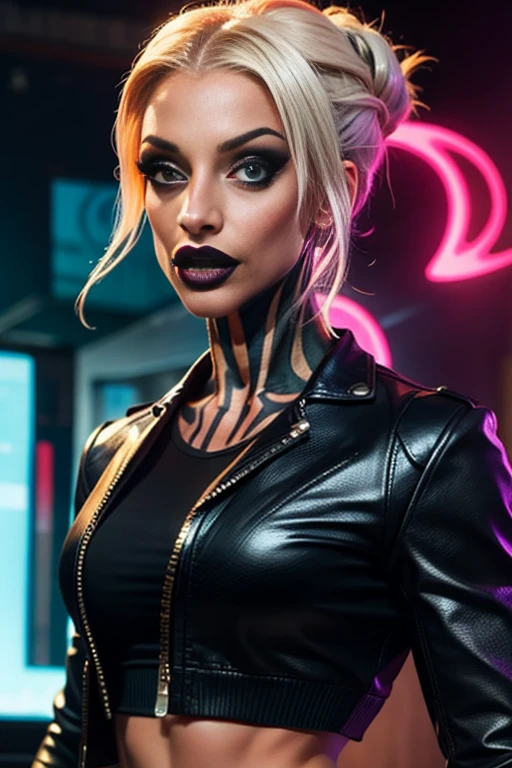 An ultra-realistic CG illustration of  katopunk as gothgirl waifu, solo, piercing gaze and bold makeup,  wearing a leather jacket with a crop top, and her hair is styled in a sleek updo.