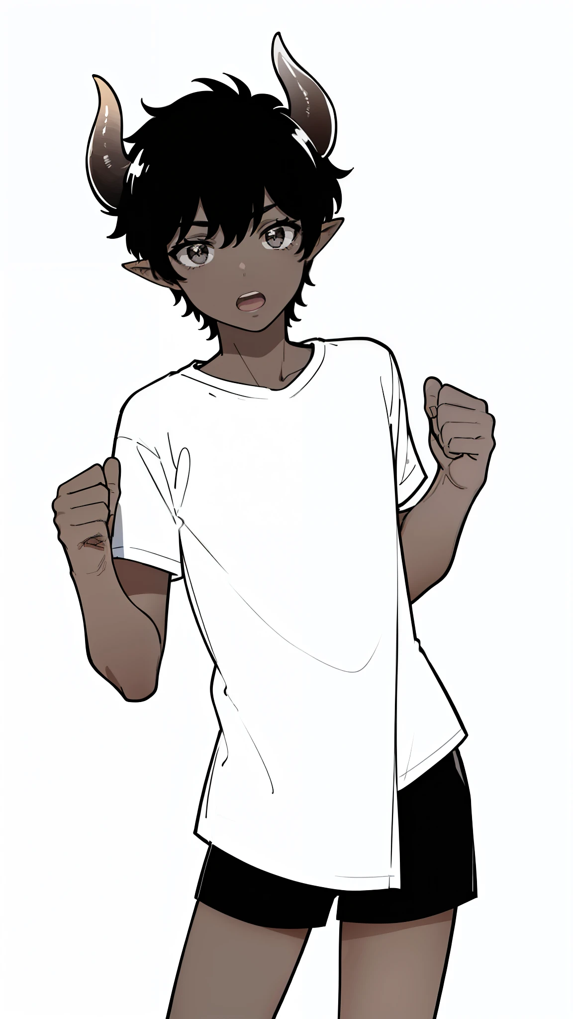 1boy,10 years,solo,surprised face,open mouth,((dark skin)),((white shirt,short sleeves,black shorts)),Short hair,black hair,elf ears,(horns),(white background,line drawing),cowboy shot