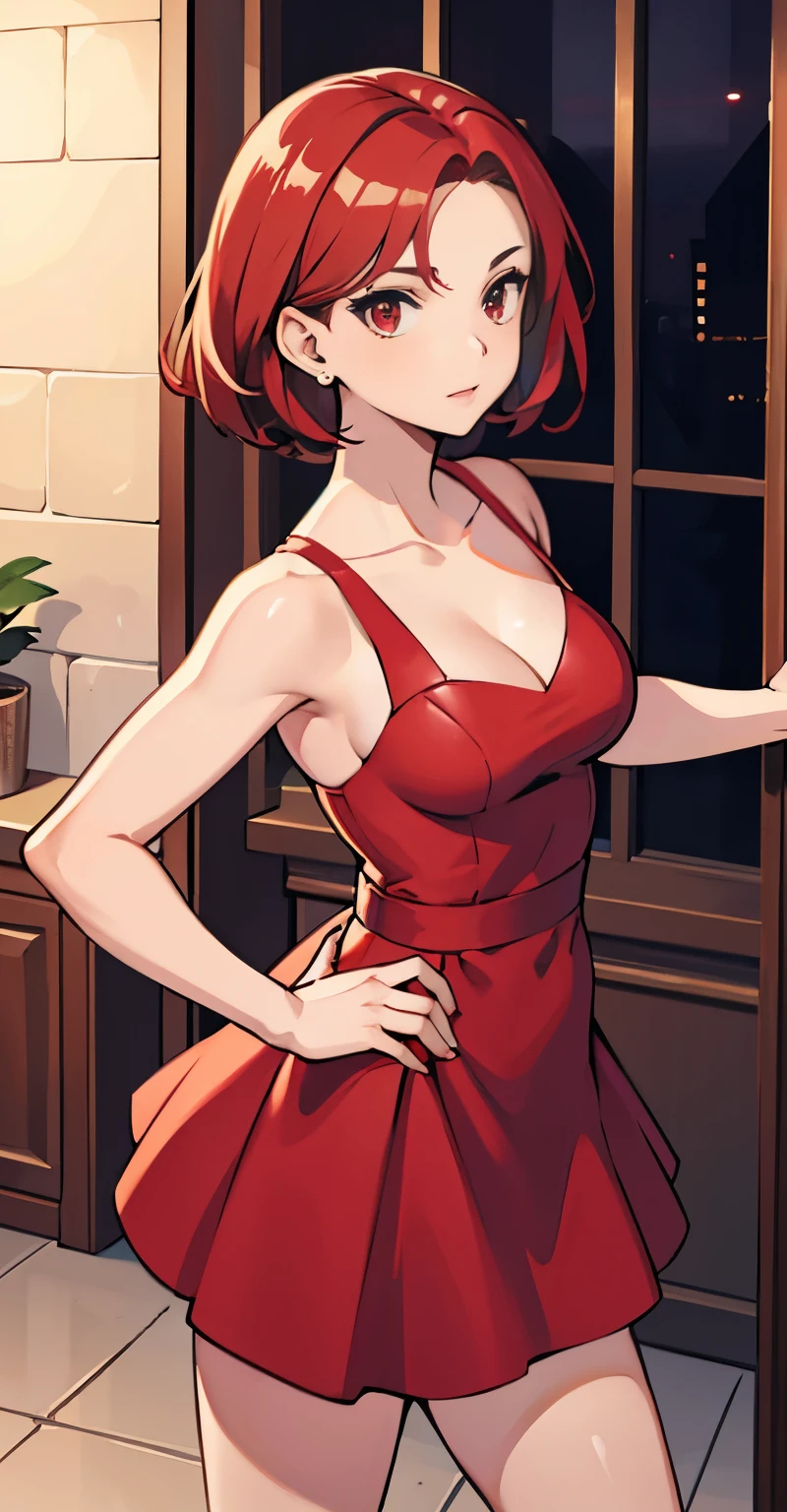 masterpiece,short hair, red hair,  red eyes, Medium breasts, red dress, high quality,4k,