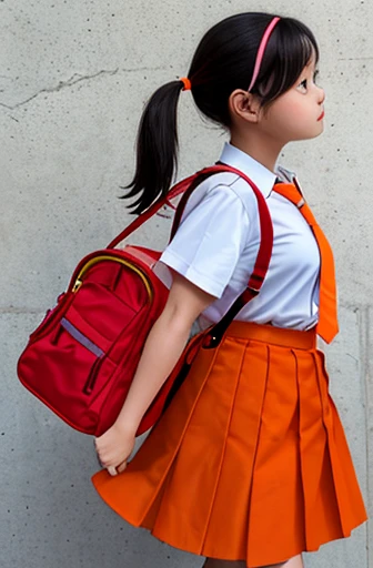 girl,whole body,pigtails,,orange skirt with shoulder straps,,orange necktie,carrying a red school bag on one&#39;s back,His hand holds the string of his school bag.,white background