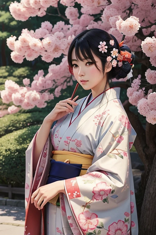 drawn with colored pencils,japanese traditional art,delicate lines and shading,beautifully detailed characters,characters in kimono,trees and flowers in the background,vibrant colors,soft lighting,portraits