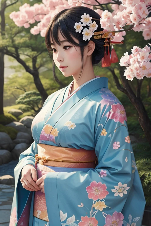 drawn with colored pencils,japanese traditional art,delicate lines and shading,beautifully detailed characters,characters in kimono,trees and flowers in the background,vibrant colors,soft lighting,portraits