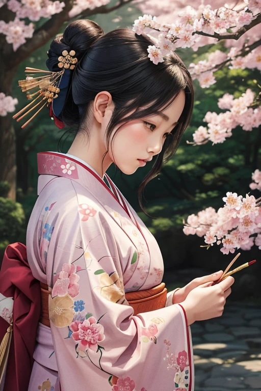 drawn with colored pencils,japanese traditional art,delicate lines and shading,beautifully detailed characters,characters in kimono,trees and flowers in the background,vibrant colors,soft lighting,portraits