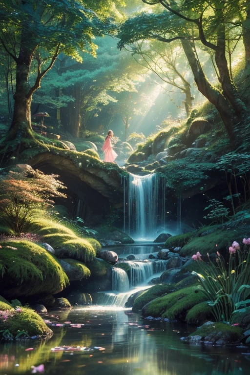 (a)girl in a magical forest,waterfall,small fairies hovering,enchanted flowers,sparkling lights,rays of sunshine,magical creatures,ethereal atmosphere,dream-like setting,whimsical elements,golden hour lighting,vibrant colors,fantasy setting,enchanted forest landscape,majestic trees,ethereal music,tranquil ambiance,strong sense of wonder,teeming with life,mystical aura,glimmering pond,imagination come to life,serene and peaceful,secret hideaway,breathtaking scenery,warm and inviting,embrace of nature,escape from reality,enchanted experience.

(best quality,4k,8k,highres,masterpiece:1.2),ultra-detailed,(realistic,photorealistic,photo-realistic:1.37),HDR,UHD,studio lighting,ultra-fine painting,sharp focus,physically-based rendering,extreme detail description,professional,vivid colors,bokeh.

插图,watercolor style,stylized,whimsical,storybook-like,hand-drawn details,lively brushstrokes,pastel tones,fairy tale vibe,playful and imaginative,pictorial storytelling,soft and dreamy,narrative illustration,enchanted kingdom atmosphere.