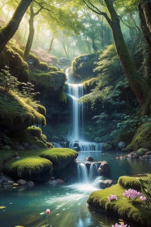 (a)girl in a magical forest,waterfall,small fairies hovering,enchanted flowers,sparkling lights,rays of sunshine,magical creatures,ethereal atmosphere,dream-like setting,whimsical elements,golden hour lighting,vibrant colors,fantasy setting,enchanted forest landscape,majestic trees,ethereal music,tranquil ambiance,strong sense of wonder,teeming with life,mystical aura,glimmering pond,imagination come to life,serene and peaceful,secret hideaway,breathtaking scenery,warm and inviting,embrace of nature,escape from reality,enchanted experience.

(best quality,4k,8k,highres,masterpiece:1.2),ultra-detailed,(realistic,photorealistic,photo-realistic:1.37),HDR,UHD,studio lighting,ultra-fine painting,sharp focus,physically-based rendering,extreme detail description,professional,vivid colors,bokeh.

插图,watercolor style,stylized,whimsical,storybook-like,hand-drawn details,lively brushstrokes,pastel tones,fairy tale vibe,playful and imaginative,pictorial storytelling,soft and dreamy,narrative illustration,enchanted kingdom atmosphere.
