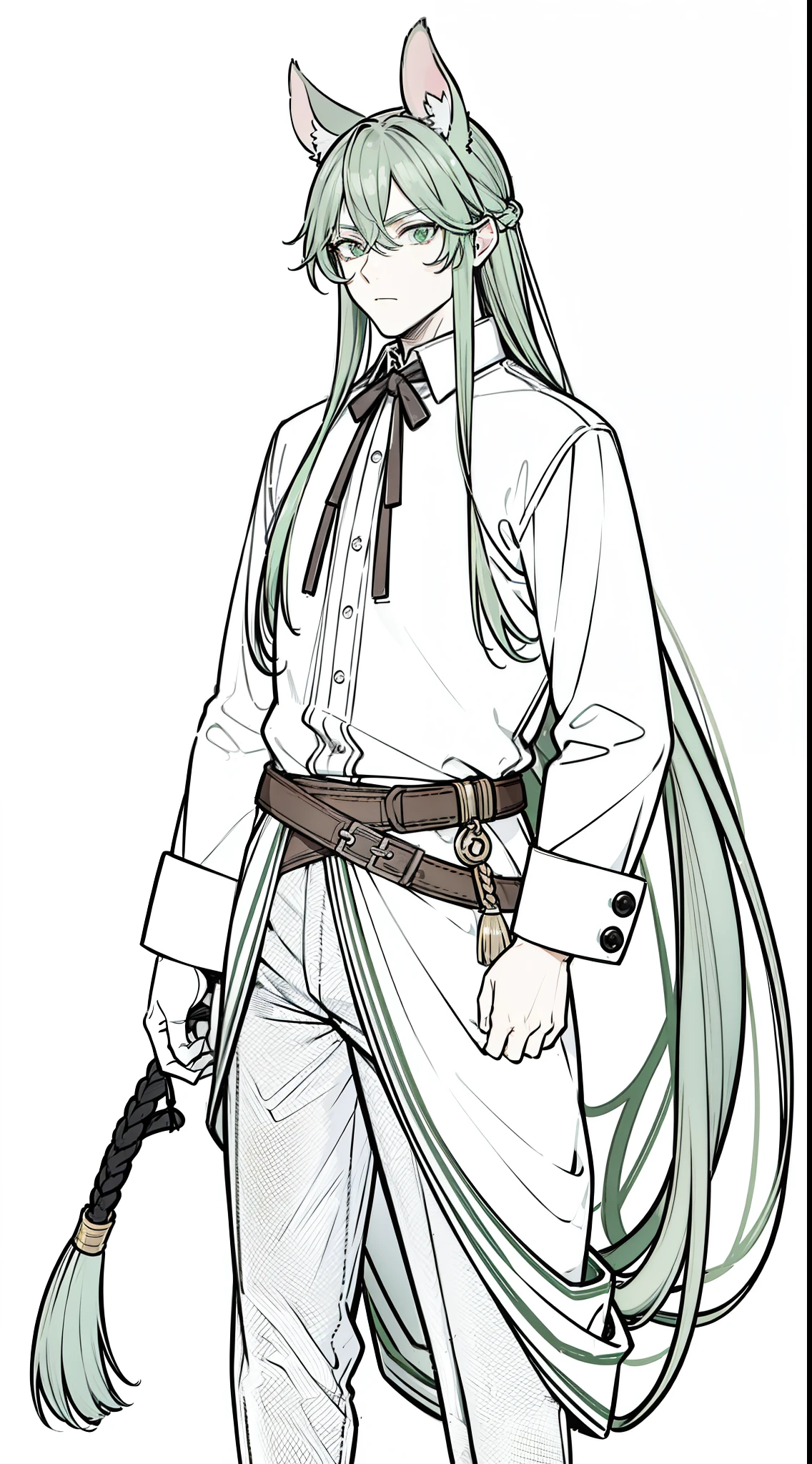 (1man,male,30 years old,),serious,long hair,green hair,market outfit,(rat ears),cowboy shot,(white background,line drawing)