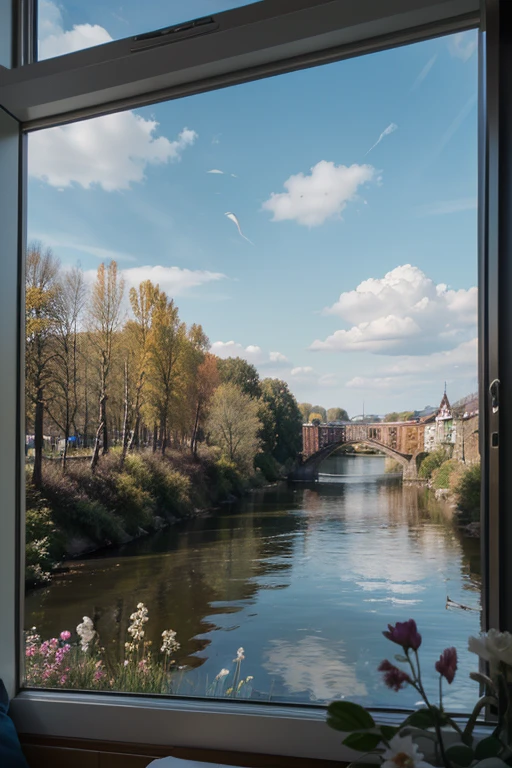 masterpiece, better quality, High quality, extremely detailed CG 8k Unity wallpaper, View from the window, Classic Russian Landscape, River, Birch, blue skies, spring, flowers, cumulus clouds, HDR, flower, Chromatic aberration, Rendering, very detailed, Trend in art., SGS trend, difficult, high detail, Dramatic, mid-journey art, 3840x2160, red & white
