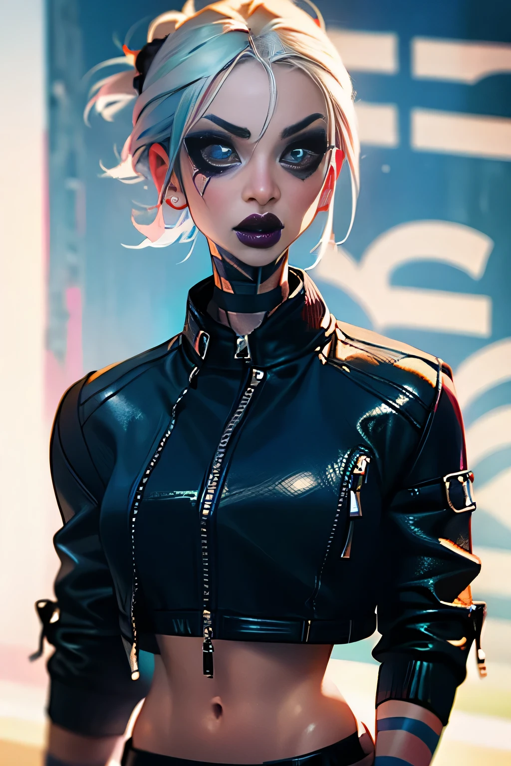 An ultra-realistic CG illustration of  katopunk as gothgirl waifu, solo, piercing gaze and bold makeup,  wearing a leather jacket with a crop top, and her hair is styled in a sleek updo.