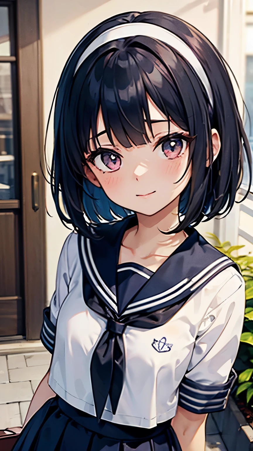 (masterpiece: 1.3), (highest quality:1.4), ultra high resolution, (fine eyes), (detailed facial features), (Detailed features of clothing), HDR, 8K resolution, High school girl in sailor suit, Anime 2D rendering, White headband, smile, black hair, bob cut, navy blue sailor uniform, black stockings, school scenery, small face, 