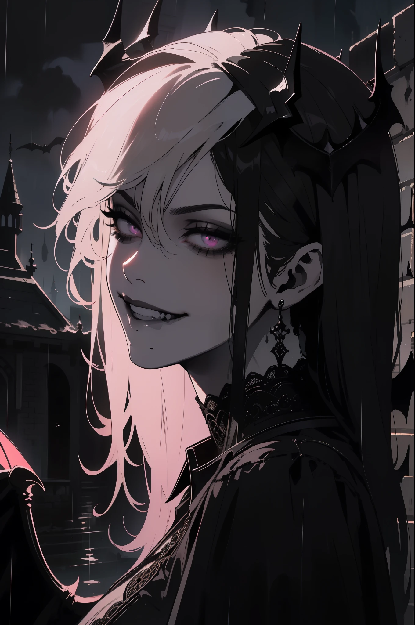 (outside, scary castle, raining, evening, soft light, dim lit, moody vibe, horror \(theme\), ), (insanely detailed, beautiful detailed face, masterpiece, best quality), 1girl, succubus, demon girl, mature female, (black hair), pink eyes, grin, smirk, demon horns, black tail, black demon wings,