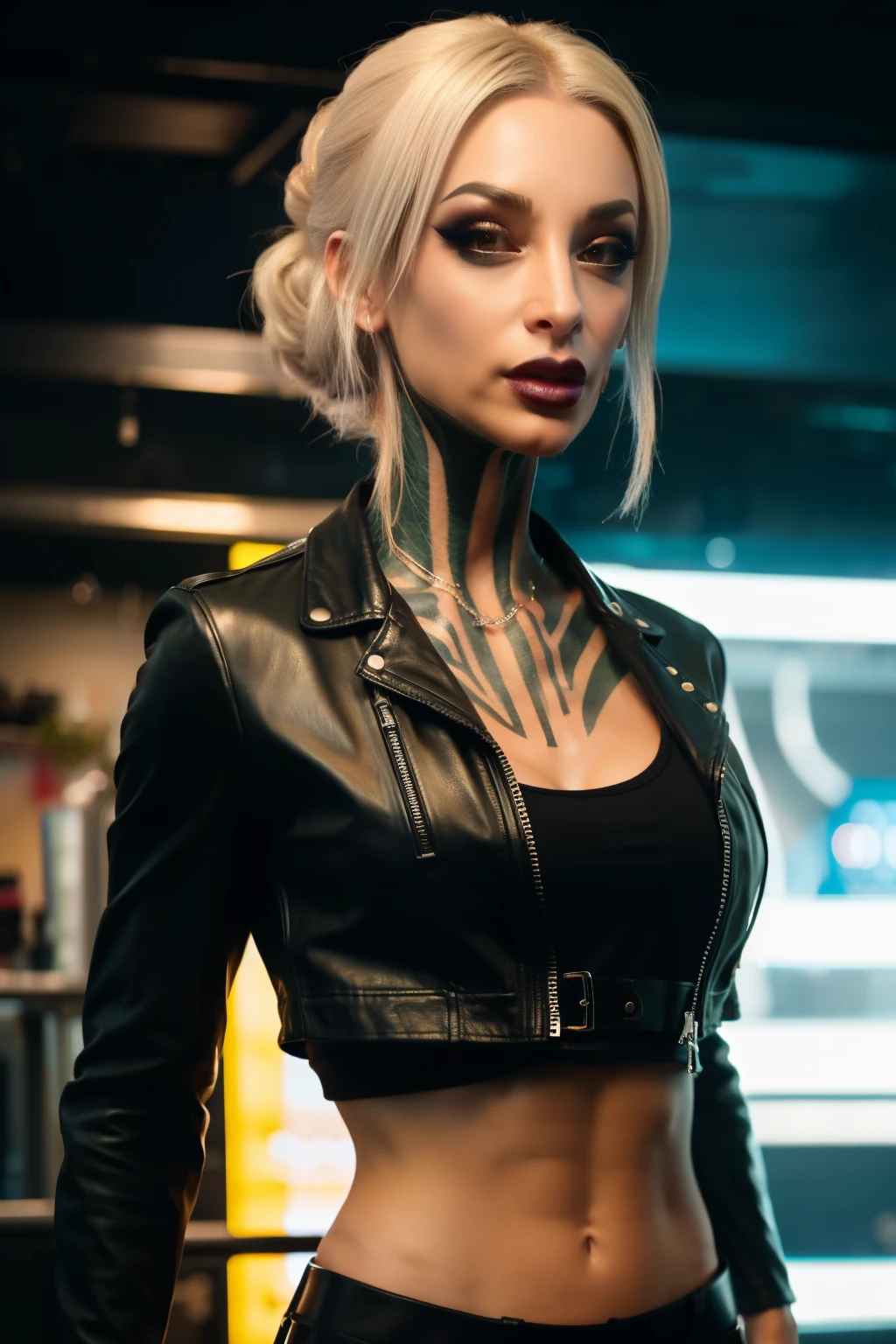 An ultra-realistic CG illustration of  katopunk as gothgirl waifu, solo, piercing gaze and bold makeup,  wearing a leather jacket with a crop top, and her hair is styled in a sleek updo.