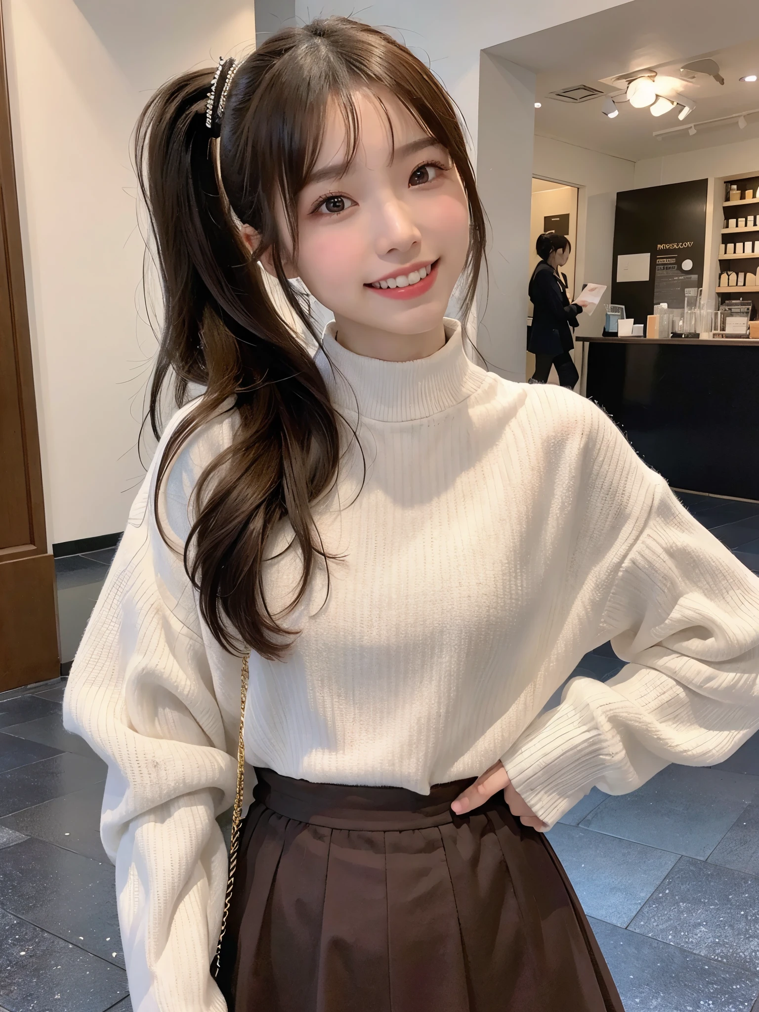 highest quality、8K、ultra high resolution、Super detailed face and eyes、Highly detailed face and skin texture、glowing skin、shiny skin、master piece:1.3、1 girl、A beautiful woman with slim abs as an accent、super detail face、delicate eyes、double eyelid、full shot、ponytail、短めponytail、20-year-old、brown hair、A sloppy smile、Smile with your teeth out、Winter clothes、skirt、city、Bag