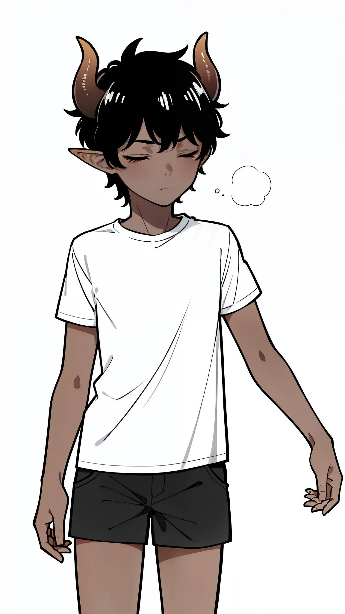 1boy,10 years,solo,sad face,closed eyes,((dark skin)),((white shirt,short sleeves,black shorts)),Short hair,black hair,elf ears,(horns),(white background,line drawing),cowboy shot