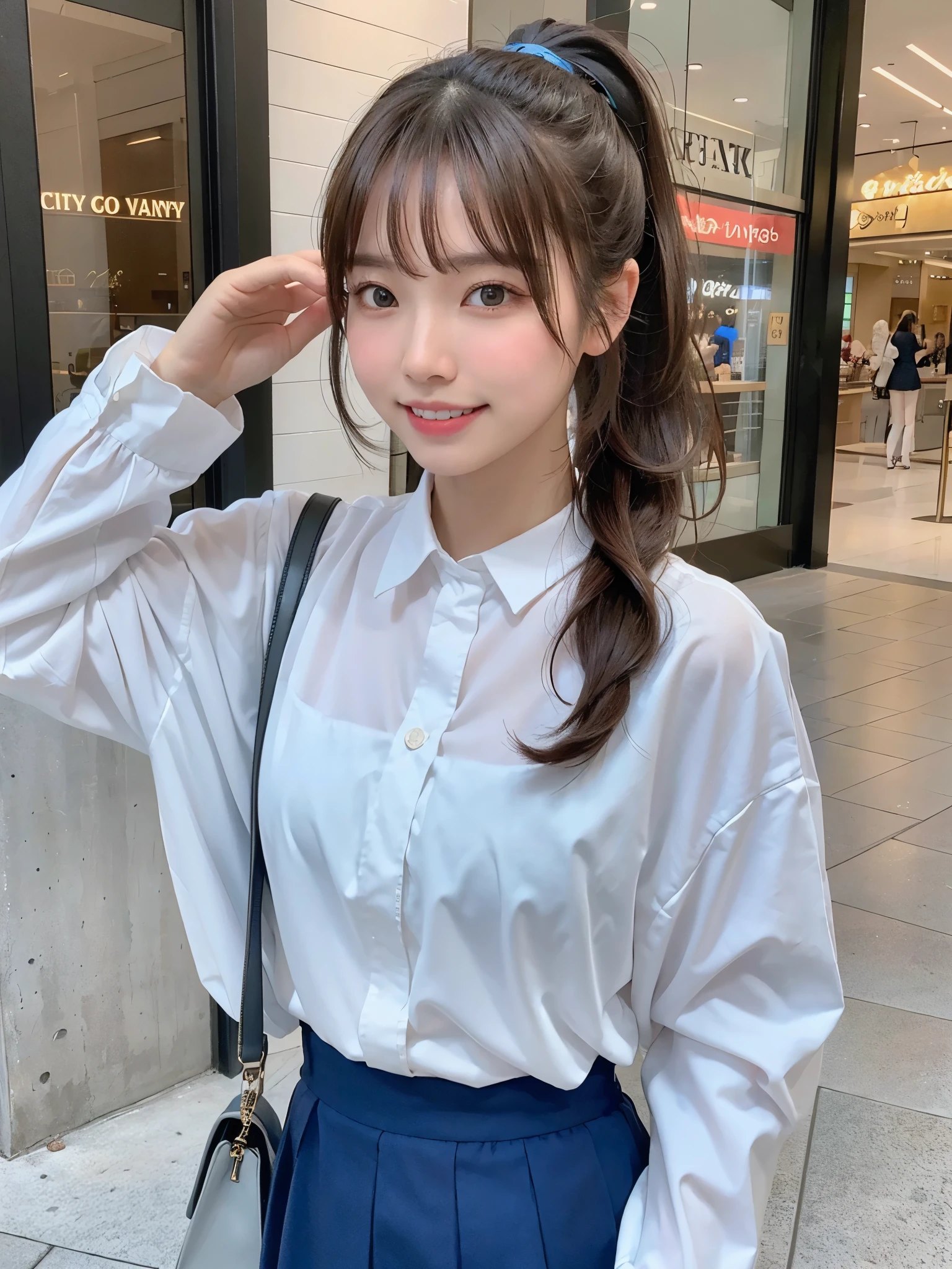 highest quality、8K、ultra high resolution、Super detailed face and eyes、Highly detailed face and skin texture、glowing skin、shiny skin、master piece:1.3、1 girl、A beautiful woman with slim abs as an accent、super detail face、delicate eyes、double eyelid、full shot、ponytail、短めponytail、20-year-old、brown hair、A sloppy smile、Smile with your teeth out、long sleeve、skirt、city、Bag