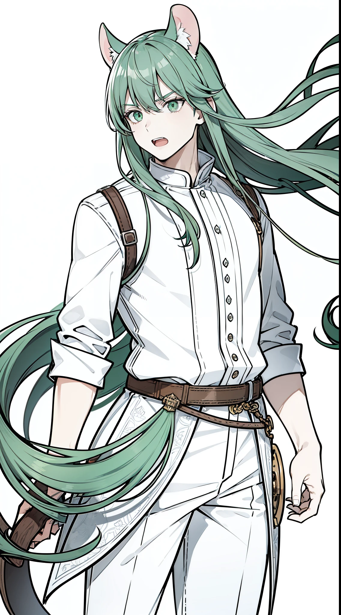 (1man,male,30 years old,),serious,open mouth,long hair,green hair,white market outfit,(rat ears),cowboy shot,(white background,line drawing)