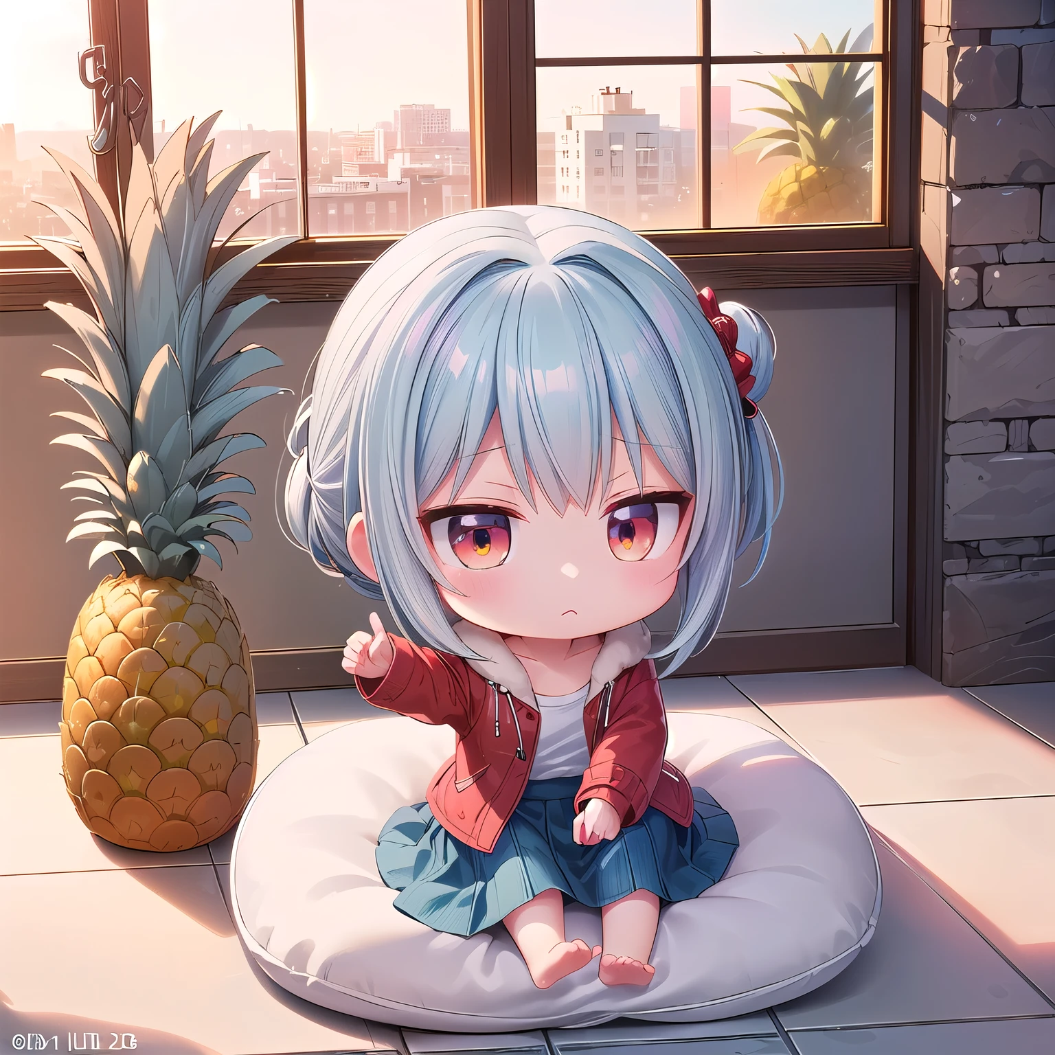 ((Chibi, miniature, REAL, pineapple, 3DCG, Nendoroid, 1 girl: 1.3)) ,(Masterpiece, almond-shaped eyes, glossy white-blue hair, short chignon hair, top quality, carefully drawn fingertips, beautiful anatomy : 1.4), (half body: 1.3), (Red cheeks, indifference, no expression, hair blowing in the wind: 1.2), (Slim and warm clothes, warm denim coat,warm drape long skirt,Fluffy slipper,Fluffy one piece,Celebrity Life style, sunrise: 1.2), (pineapple building,bed,stone wall,Window,stone floor:1.3) 