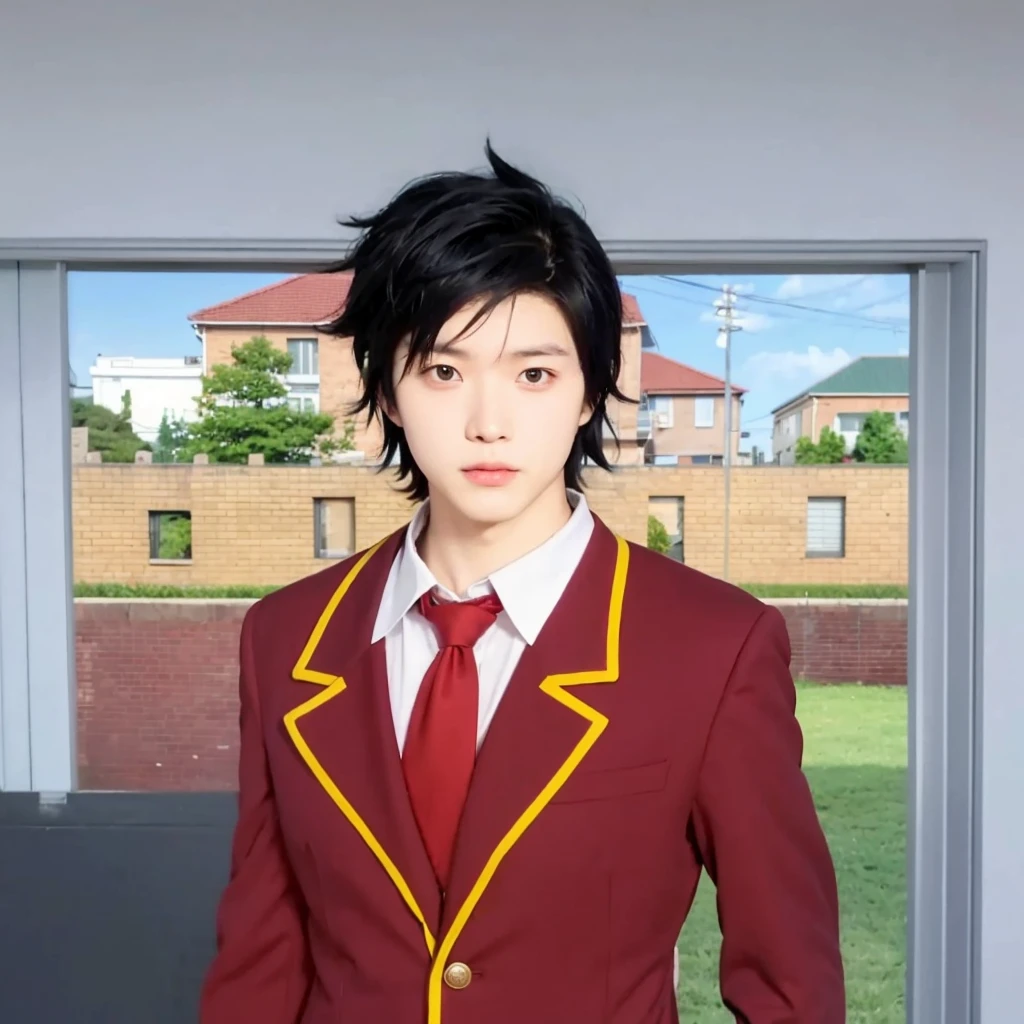 handsome man character dressed in red suit and tie standing in front of a window, inspired by Okumura Masanobu, inspired by Tomioka Tessai, magical school student uniform, realistic