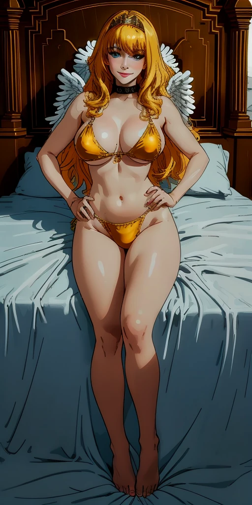 angel, armor gold (masterpiece, best quality, high resolution:1.4), 1girl, angel, skin pores texture, Hair blonde, HD , Photography, movie, cinematic, full Body, Realistic, (8k, RAW photo, best quality, masterpiece:1.2), (realistic, photo-realistic:1.33), best quality, detailed eyes blue, cute,natural lighting, depth of field, film grain, soft skin, sharp, detailed and realistic portrait of a woman , smirking lustful smile, barefeet together laying on bed, golden bikini, milf, bimbo, body over pink sheet, tiara, princess bedroom background, cover face with transparent veil, nice ass, thick hips, hands on hips