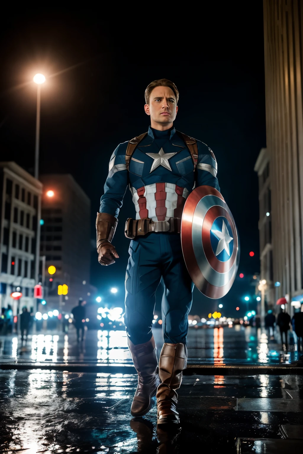 Foto RAW em sequencia, Captain America em alta defesa na chuva intemperio de uma cidade lotada, escudo levantado, drips falling on his iconic costume, recording the hero&#39;s resolution, detailed reflections of city lights on wet sidewalk, Fotografia, full-frame DSLR camera with 35mm f lens/1.8, capturing the hero in his shield, visual de alta qualidade, details of Captain America&#39;s uniform and face clearly visible