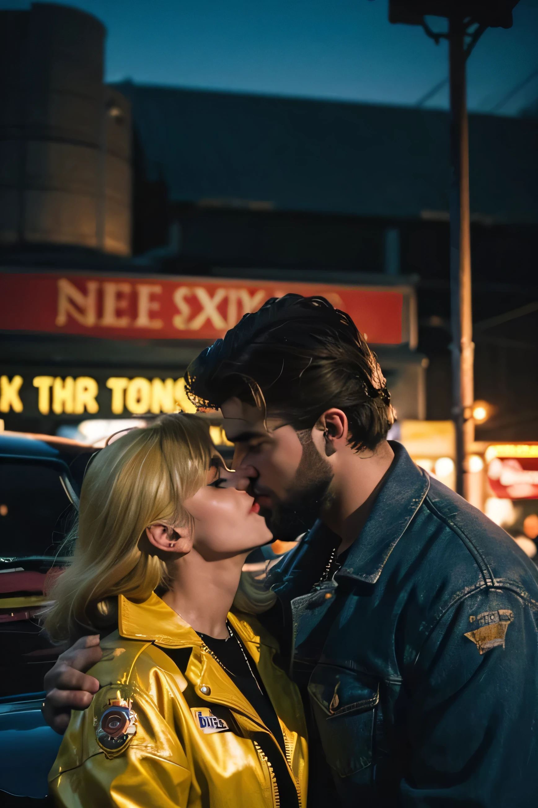 A 34 year old stocky young man with a light beard, wearing cool jacket, kissing his beautiful blonde girlfriend at magic hour, against a vintage car, in a neon city, glow, halation, 80s style film, retro, 35mm film grain
