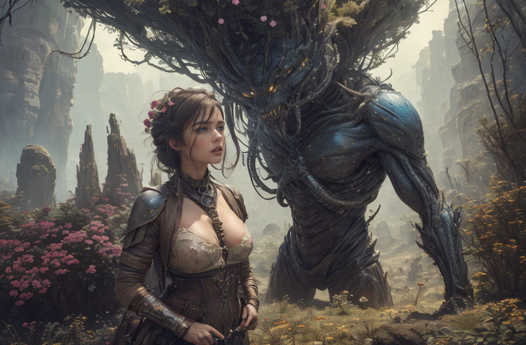 unreal engine:1.4,UHD,Best quality:1.4, fotorRealist:1.4, skin texture:1.4, masterpiece:1.8,naked girl of the future, against the backdrop of a large number of alien creatures, a lot of vegetation, moss everywhere, bright flowers cannibals, unearthly, , lace underwear, hands folded behind back, elbows bent behind the back, Shibari, noose on the neck, aggressive creatures, the face of horror. fear, submission, highly detailed facial features, vibrant blue eyes, Carefully treated leather, Colonization of a new planet, gloomy atmosphere, a lot of alien vegetation, intricate flowers, Alien Creatures, wild atmosphere, aggressive environment, amazing, stunning artwork. (Best quality,4K,8K,High Resolutions,masterpiece:1.2),ultra detailed,(Realist,fotorRealist,fotorRealist:1.37),HDR,UHD,Studio lighting, Ultra-fine paint,Sharp Focus,physically based representation,very detailed description,professional,bright colors, colonization of an unknown planet, many alien plants, many intricate plants, secret planet, against the backdrop of karst rocks