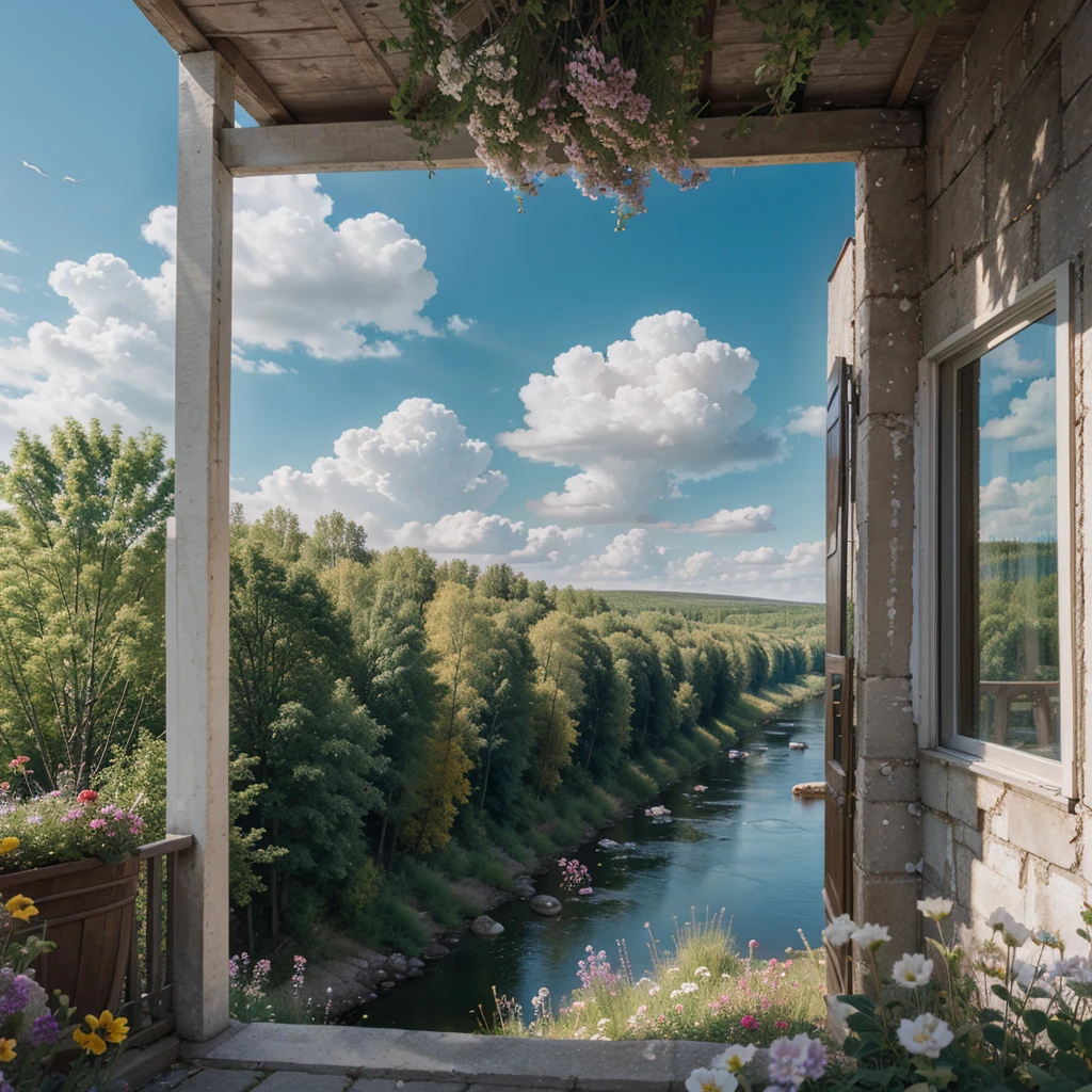 masterpiece, better quality, High quality, extremely detailed CG 8k Unity wallpaper, View from the window, Classic Russian Landscape, River, birch, blue skies, summer, flowers, cumulus clouds, HDR, flower, Chromatic aberration, Rendering, very detailed, Trend in art., Trend SGS, difficult, high detail, Dramatic,