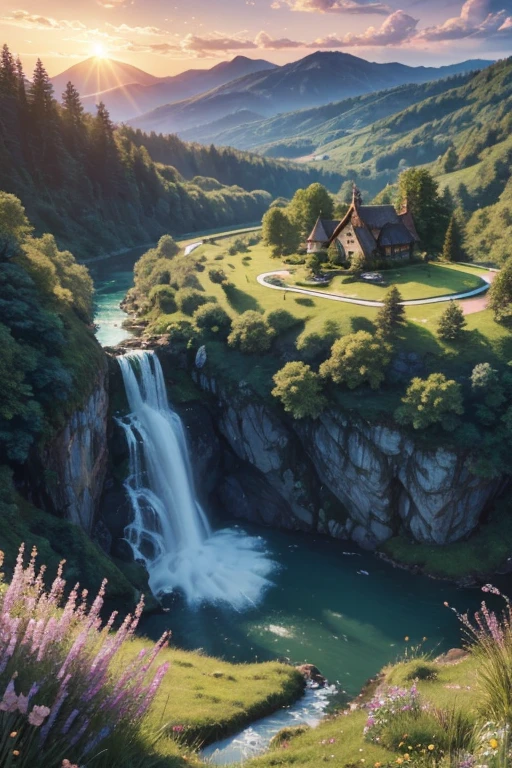 best quality,4k,8k,highres,masterpiece:1.2,ultra-detailed,realistic,photorealistic:1.37,illustration,landscape,vivid colors,nature scenery,breathtaking view,sunlit meadows,rushing streams,towering mountains,twinkling stars,silent tranquility,lush greenery,gentle breeze,serene atmosphere,golden sunrise,pastel sunset,soft morning light,ethereal beauty,immersive depth,majestic waterfalls,rolling hills,peaceful river,whispering trees,fragrant flowers,charming wildlife,cascading sunlight,harmony between sky and earth,empty fields,isolated cabin,hidden pathways,adventurous trails,mystical forests,quiet village nestled among hills,sweeping vistas,picturesque rooftops,and a distant castle on the horizon