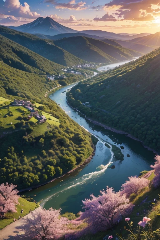 best quality,4k,8k,highres,masterpiece:1.2,ultra-detailed,realistic,photorealistic:1.37,illustration,landscape,vivid colors,nature scenery,breathtaking view,sunlit meadows,rushing streams,towering mountains,twinkling stars,silent tranquility,lush greenery,gentle breeze,serene atmosphere,golden sunrise,pastel sunset,soft morning light,ethereal beauty,immersive depth,majestic waterfalls,rolling hills,peaceful river,whispering trees,fragrant flowers,charming wildlife,cascading sunlight,harmony between sky and earth,empty fields,isolated cabin,hidden pathways,adventurous trails,mystical forests,quiet village nestled among hills,sweeping vistas,picturesque rooftops,and a distant castle on the horizon