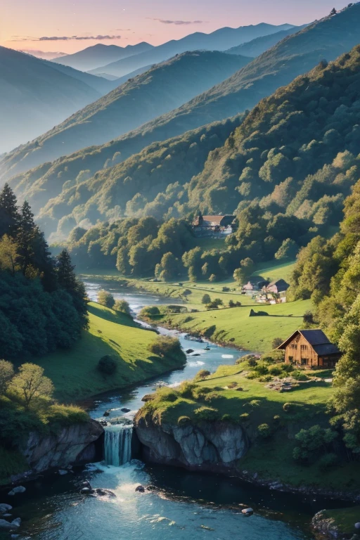 best quality,4k,8k,highres,masterpiece:1.2,ultra-detailed,realistic,photorealistic:1.37,illustration,landscape,vivid colors,nature scenery,breathtaking view,sunlit meadows,rushing streams,towering mountains,twinkling stars,silent tranquility,lush greenery,gentle breeze,serene atmosphere,golden sunrise,pastel sunset,soft morning light,ethereal beauty,immersive depth,majestic waterfalls,rolling hills,peaceful river,whispering trees,fragrant flowers,charming wildlife,cascading sunlight,harmony between sky and earth,empty fields,isolated cabin,hidden pathways,adventurous trails,mystical forests,quiet village nestled among hills,sweeping vistas,picturesque rooftops,and a distant castle on the horizon