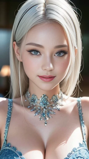 (Masterpiece: 1.1 highest quality), (real photo, intricate details), 2 models gravure idols, 1.4 lens, Casual, shoulder length hair, Minimal makeup, Natural fabric, Face close-up, Smile, Home, white hair, blue eyes, full body portrait,sexy dress,big breast