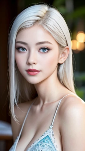 (Masterpiece: 1.1 highest quality), (real photo, intricate details), 2 models gravure idols, 1.4 lens, Casual, shoulder length hair, Minimal makeup, Natural fabric, Face close-up, Smile, Home, white hair, blue eyes, full body portrait,sexy dress,big breast