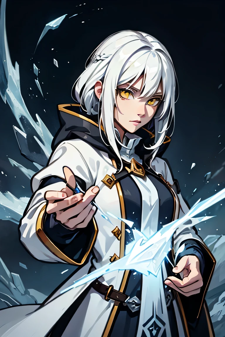 sorceress with white hair and yellow eyes casting an ice spell